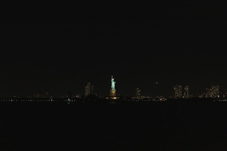 Statue of Liberty illuminated at night with New York City skyline in the background, highlighting a key area for top cleaning services.